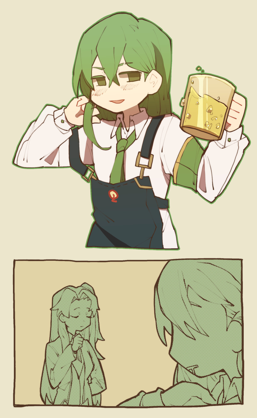 1boy, 1girl, absurdres, alcohol, alternate_eye_color, angela_(project_moon), apron, beer, beer_can, blue_apron, can, chinese_commentary, closed_eyes, closed_mouth, collared_shirt, commentary_request, drink_can, eyebrow_cut, green_eyes, green_hair, highres, jacket, lobotomy_corporation, lobotomy_corporation_logo, long_hair, long_sleeves, netzach_(project_moon), no_nose, open_clothes, open_jacket, open_mouth, project_moon, saliva, shirt, smile, tesna, vest, white_shirt