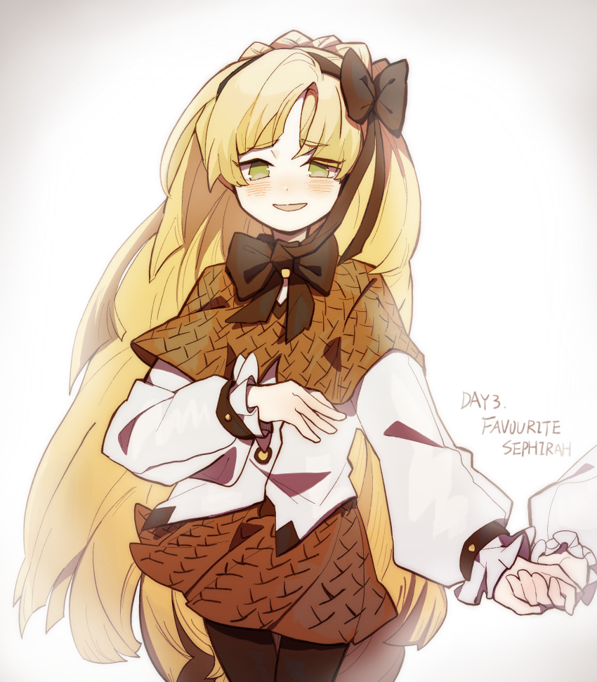 1boy, 1girl, blonde_hair, braid, brown_capelet, brown_hairband, brown_pantyhose, brown_ribbon, brown_skirt, capelet, chinese_commentary, commentary_request, crown_braid, english_text, frilled_sleeves, frills, green_eyes, hair_ribbon, hairband, highres, holding_hands, lobotomy_corporation, long_hair, long_sleeves, looking_at_viewer, neck_ribbon, open_mouth, pantyhose, pleated_skirt, project_moon, ribbon, shirt, simple_background, skirt, smile, solo_focus, tesna, tiphereth_a_(project_moon), tiphereth_b_(project_moon), very_long_hair, white_background, white_shirt