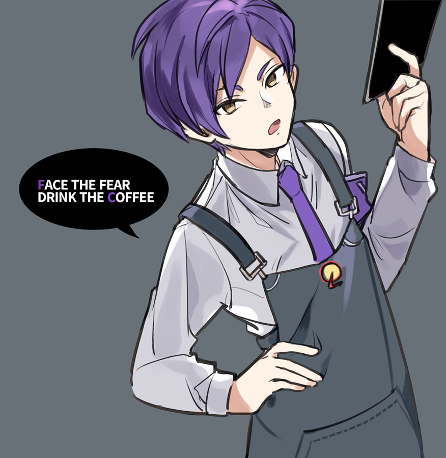 1boy, apron, armband, blue_apron, collared_shirt, commentary_request, english_text, grey_background