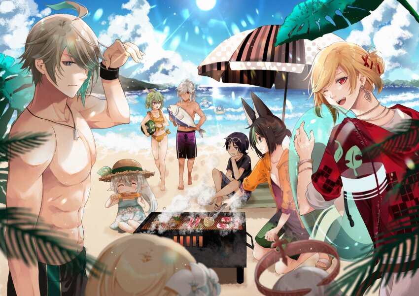 5boys, 6+girls, abs, alhaitham_(genshin_impact), animal_ears, aqua_hair, beach, bikini