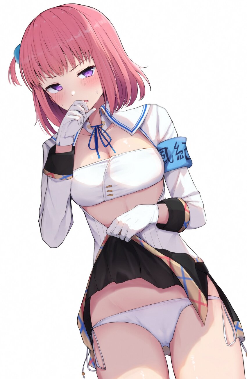 1girl, absurdres, armband, blue_armband, blue_ribbon, blush, breasts, cleavage, clothes_lift, gloves, hair_ribbon, highres, looking_at_viewer, medium_breasts, miniskirt, nukigee_mitai_na_shima_ni_sunderu_watashi_wa_dou_surya_ii_desu_ka?, panties, pink_hair, purple_eyes, ribbon, short_hair, skirt, solo, susuko_(nukitashi), underwear, white_background, white_gloves, white_panties, yozakura_rakuza