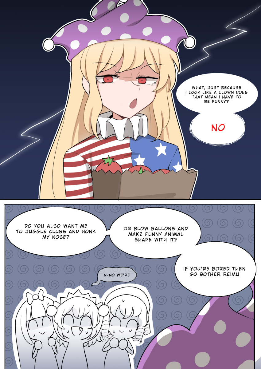 4girls, :>, ^_^, absurdres, american_flag, american_flag_legwear, american_flag_print, american_flag_shirt, arms_up, bag, black_bow, black_hair, black_ribbon, blonde_hair, blue_ribbon, blunt_bangs, bow, chibi, circle_hands, closed_eyes, clownpiece, comic, commentary, constricted_pupils, crack, crossed_bangs, drill_hair, english_commentary, english_text, fang, gradient_background, groceries, grocery_bag, hair_ribbon, hat, highres, jester_cap, long_hair, luna_child, mata_(matasoup), medium_hair, multiple_girls, neck_ruff, missing_wings, orange_hair, polka_dot_headwear, print_shirt, red_eyes, ribbon, shaded_face, shopping_bag, sidelocks, spiral_background, star_sapphire, sunny_milk, sweat, swept_bangs, tomato, touhou, triangle_mouth, wavy_hair, white_headwear