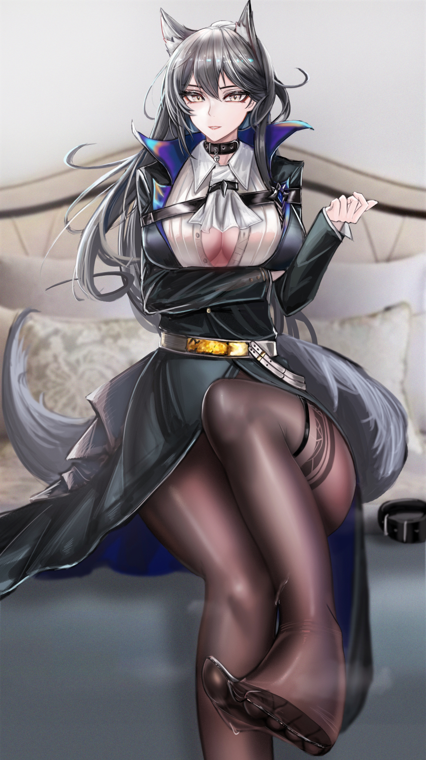 1girl, absurdres, animal_ears, arknights, black_hair, breasts, cleavage, feet