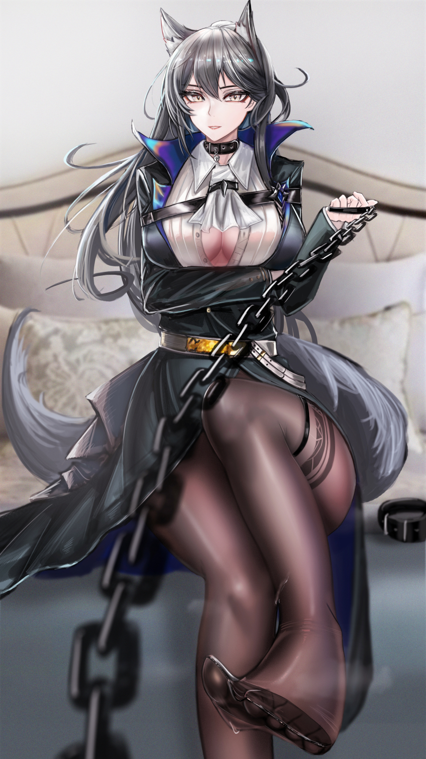 1girl, absurdres, animal_ears, arknights, black_hair, breasts, chain, cleavage