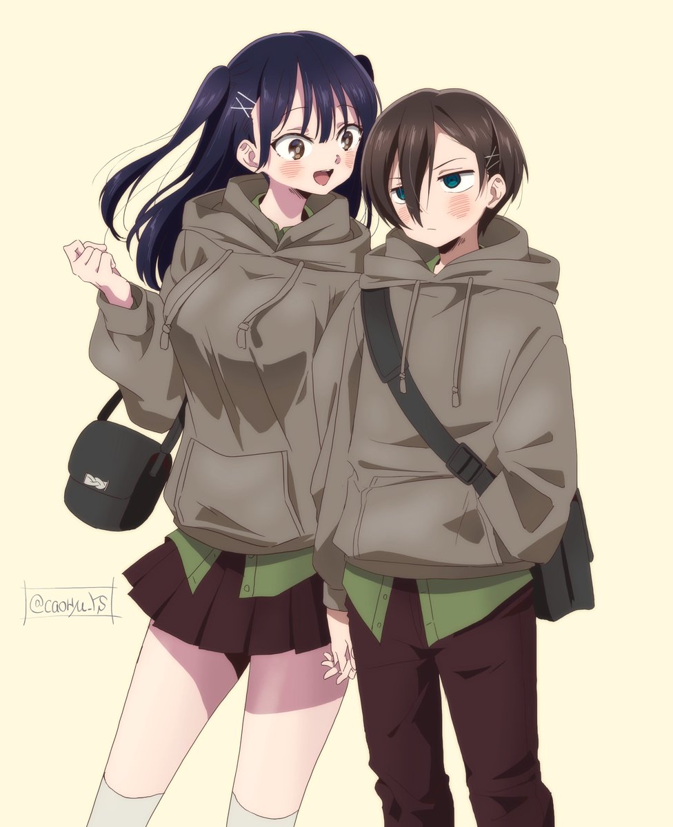 1boy, 1girl, bag, black_pants, black_skirt, blush, boku_no_kokoro_no_yabai_yatsu, brown_hoodie