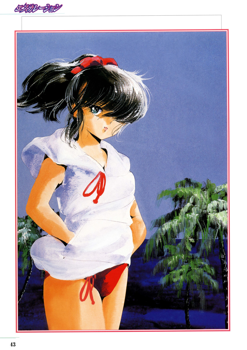 1980s_(style), 1girl, absurdres, black_hair, cowboy_shot, cream_lemon, day, escalation