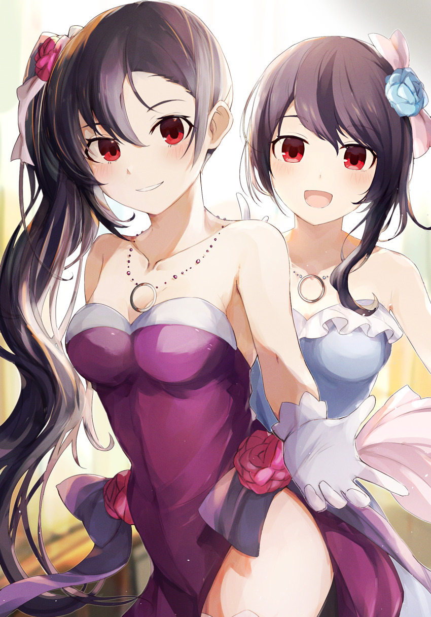 2girls, :d, alternate_hair_length, alternate_hairstyle, asymmetrical_bangs, black_eyes, blue_flower, blue_rose, blush, bow, breasts, choujigen_game_neptune, collarbone, commission, dress, flower, gloves, hair_bow, hair_flower, hair_ornament, highres, jewelry, looking_at_viewer, medium_breasts, multiple_girls, necklace, neptune_(series), noire_(neptunia), open_mouth, pink_flower, pink_rose, pixiv_commission, purple_dress, ra_mun5239, red_hair, rose, side_ponytail, sleeveless, sleeveless_dress, smile, swept_bangs, uni_(neptunia), white_dress, white_gloves