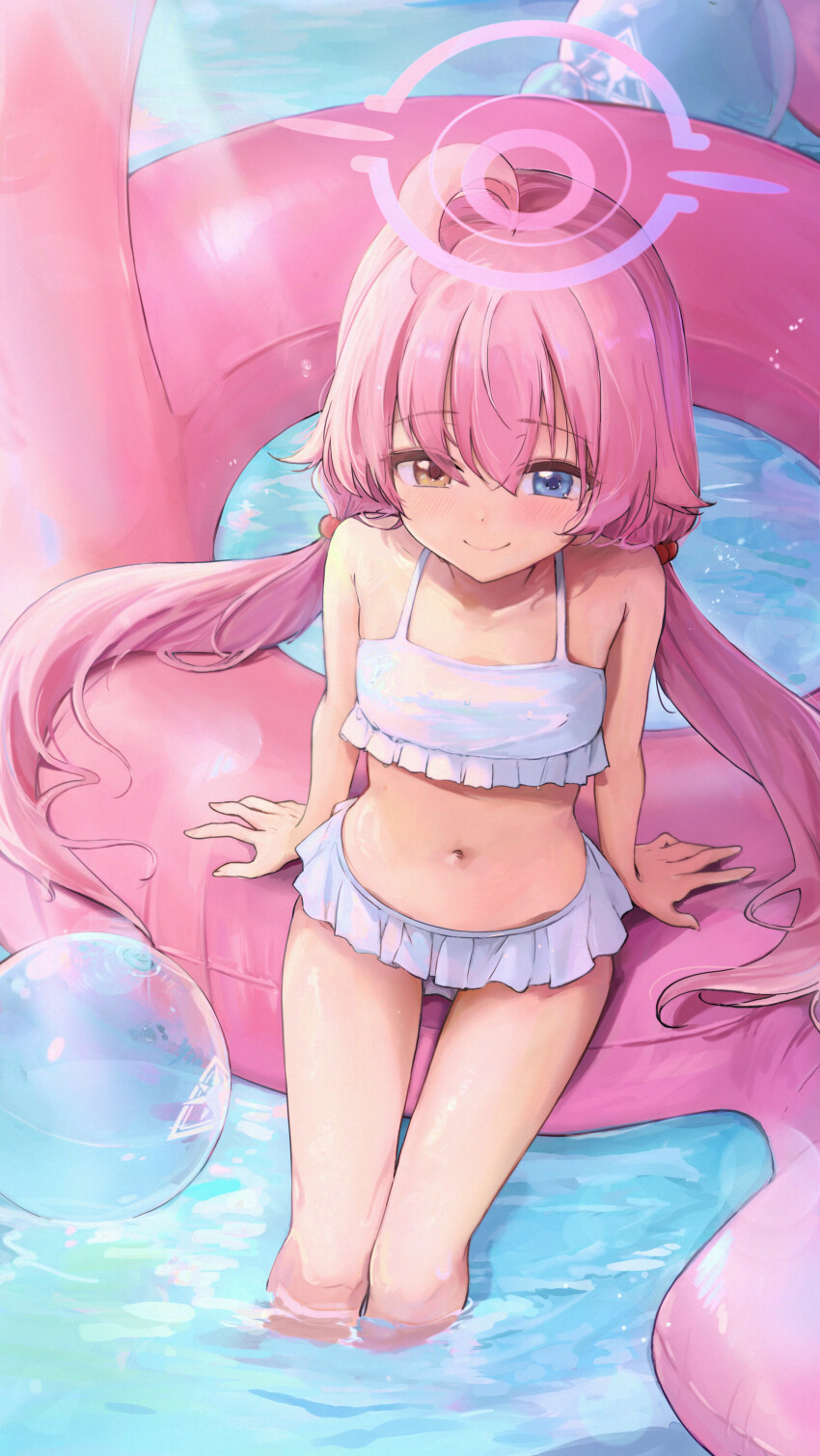 1girl, absurdres, arm_support, ball, bare_legs, beachball, beads, bikini