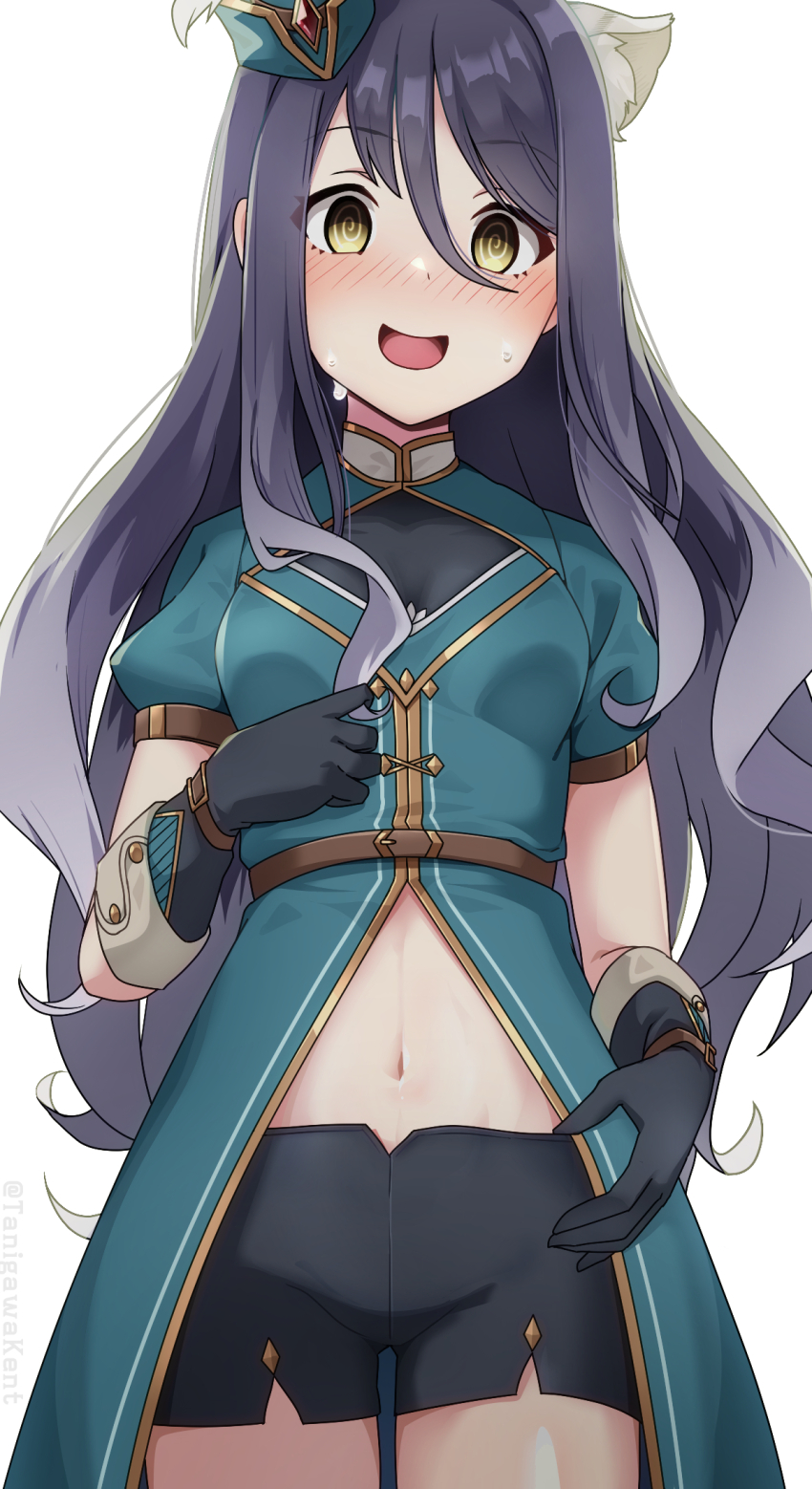 1girl, @_@, animal_ear_fluff, animal_ears, belt, black_gloves, black_hair, black_shorts, blush, breasts, brown_belt, cleavage, coat, commentary_request, cowboy_shot, gloves, gradient_hair, green_coat, green_hat, hair_between_eyes, hat, highres, long_hair, looking_at_viewer, midriff, mini_hat, multicolored_hair, navel, nose_blush, official_alternate_costume, open_mouth, princess_connect!, see-through_clothes, see-through_cleavage, shiori_(princess_connect!), shiori_(ranger)_(princess_connect!), short_shorts, short_sleeves, shorts, sidelocks, simple_background, small_breasts, solo, standing, sweat, tanigawa_kent, tiger_ears, tiger_girl, twitter_username, white_background, yellow_eyes