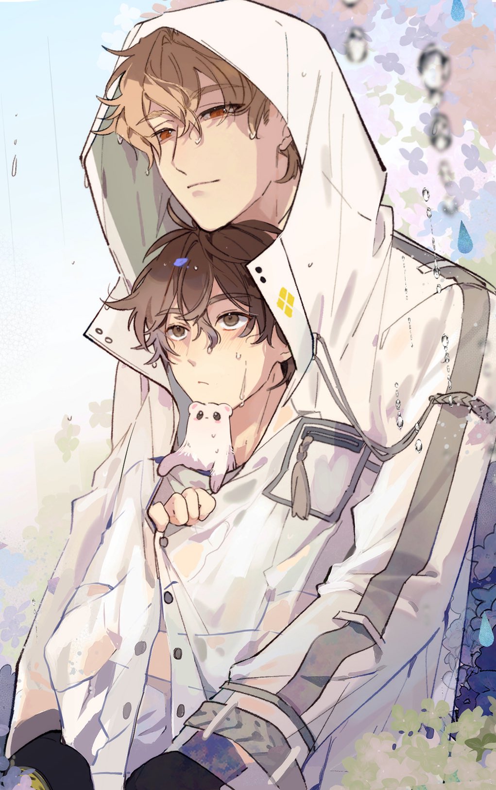 2boys, bags_under_eyes, bishounen, black_gloves, blonde_hair, brown_eyes, brown_hair, eiden_(nu_carnival)