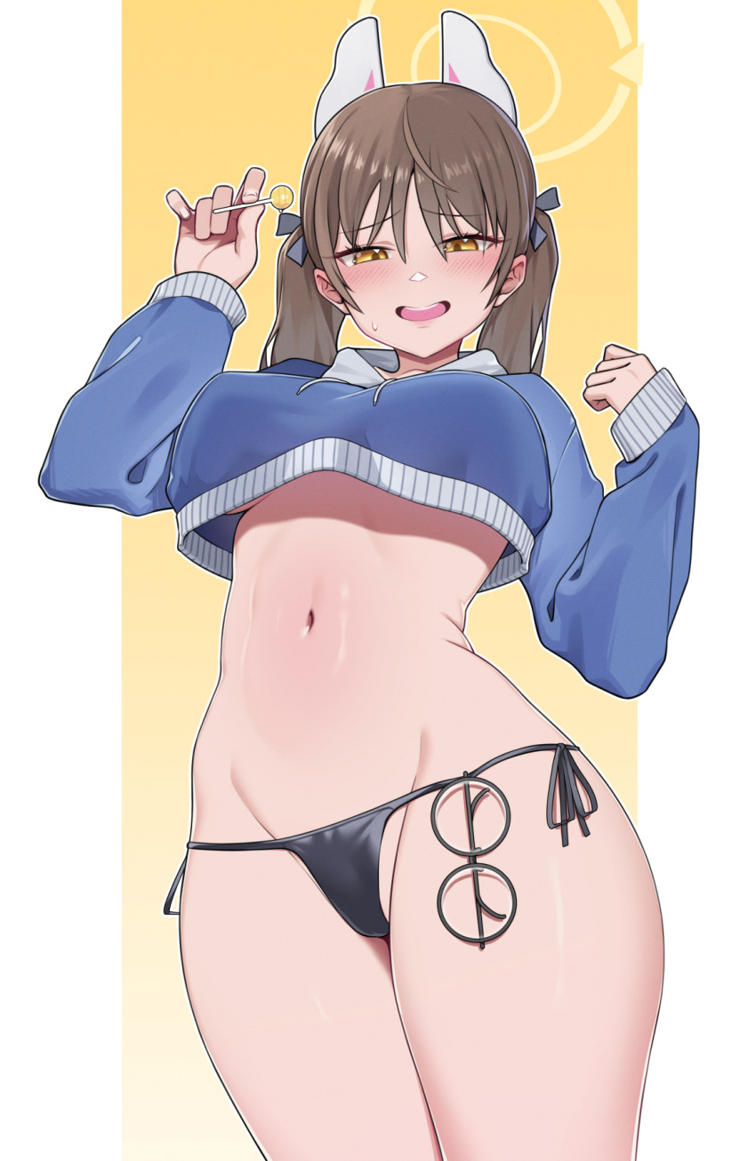 1girl, :d, bikini, bikini_bottom_only, black-framed_eyewear, black_bikini, blue_archive, blue_hoodie