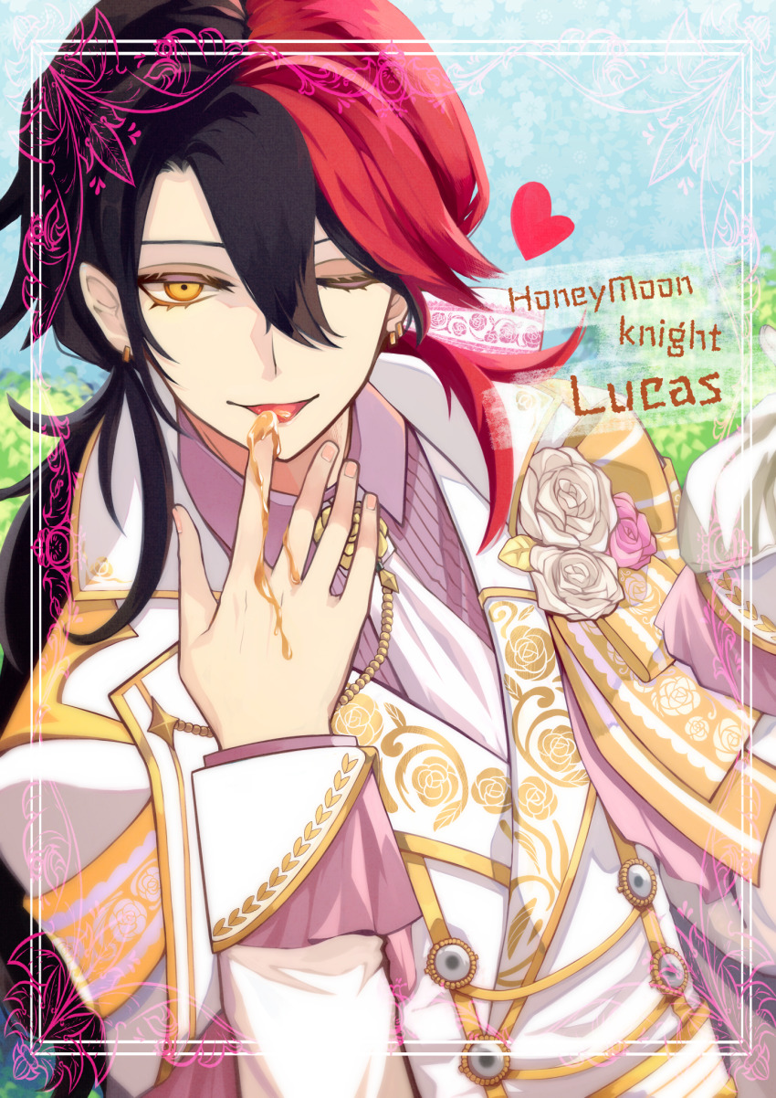 1boy, akuma_shitsuji_to_kuroi_neko, bishounen, black_hair, character_name, collared_shirt, flower, formal_clothes, heart, highres, honey, long_hair, low_ponytail, lucas_thompscie, male_focus, multicolored_hair, one_eye_closed, pink_flower, pink_hair, pink_rose, pink_shirt, ponytail, rose, shirt, smile, solo, split-color_hair, suit, tao_lu, tongue, tongue_out, white_flower, white_rose, white_suit, yellow_eyes