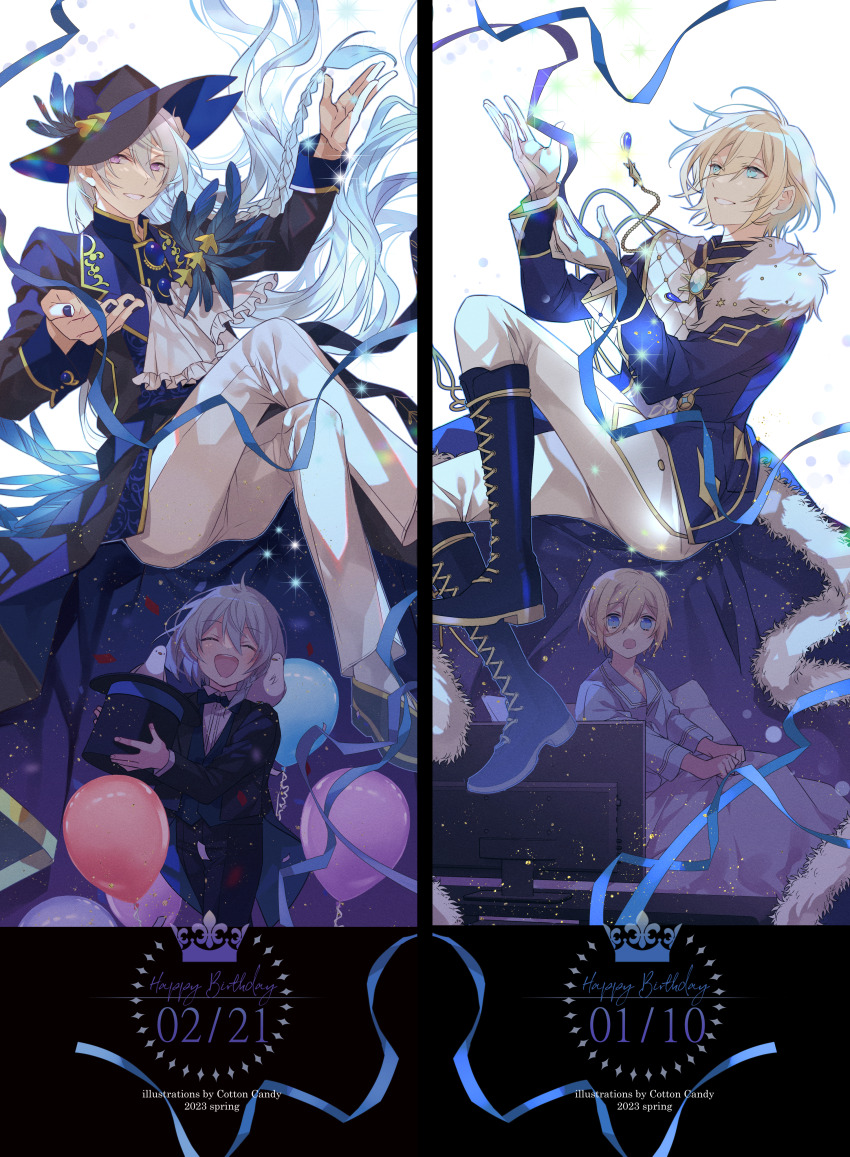 2boys, absurdres, aged_down, black_headwear, blonde_hair, blue_eyes, blue_feathers, blue_hair