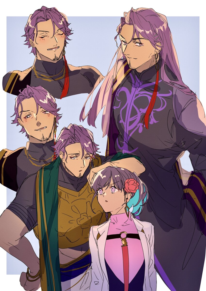 1boy, 1girl, absurdres, armor, ayus_(fate), black_shirt, bracelet, breastplate, closed_eyes, duryodhana_(fate), duryodhana_(second_ascension)_(fate), earrings, facial_hair, fate/grand_order, fate_(series), flower, goatee, hair_flower, hair_ornament, highres, jewelry, lab_coat, nasubi_illust, pink_shirt, ponytail, purple_eyes, purple_hair, scarf, shirt, smile