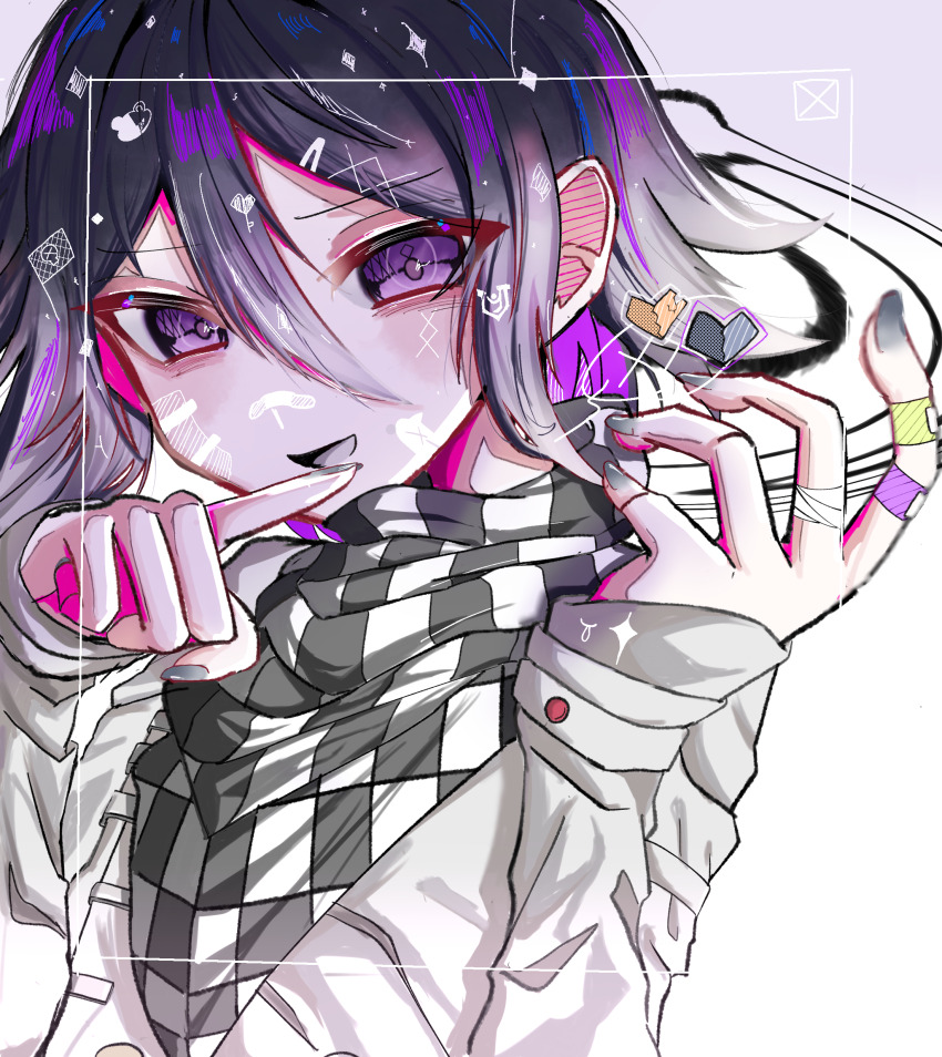 1boy, :d, absurdres, black_hair, checkered_clothes, checkered_scarf, danganronpa_(series), danganronpa_v3:_killing_harmony