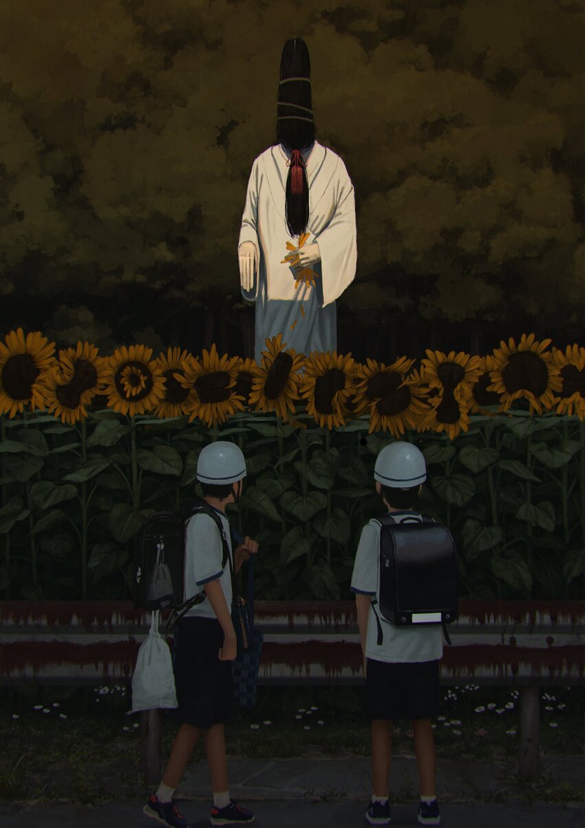 1other, 2boys, backpack, bag, beckoning, black_hair, black_pants, child, commentary, faceless, fence, flower, forest, ghost, gym_shirt, gym_uniform, hat, highres, holding, holding_bag, horror_(theme), japanese_urban_legends, long_face, long_fingers, looking_at_another, multiple_boys, nature, noinh, original, outdoors, pants, plucking_petals, randoseru, realistic, robe, rust, school_bag, shirt, shoes, shoulder_bag, socks, standing, sunflower, walking, white_headwear, white_robe, white_shirt, white_socks, wide_sleeves