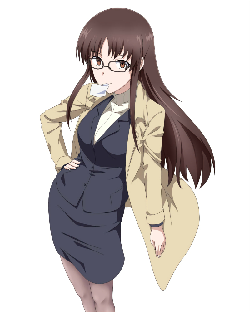 1girl, black_jacket, breasts, brown_coat, brown_eyes, brown_hair, business_suit, coat