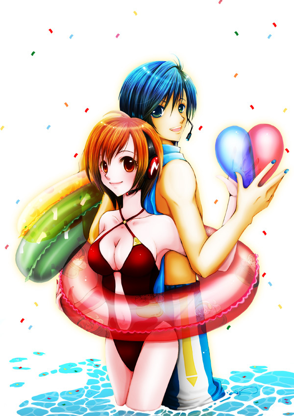 1boy, 1girl, back-to-back, blue_eyes, blue_hair, blue_male_swimwear, blue_scarf, blue_swim_trunks