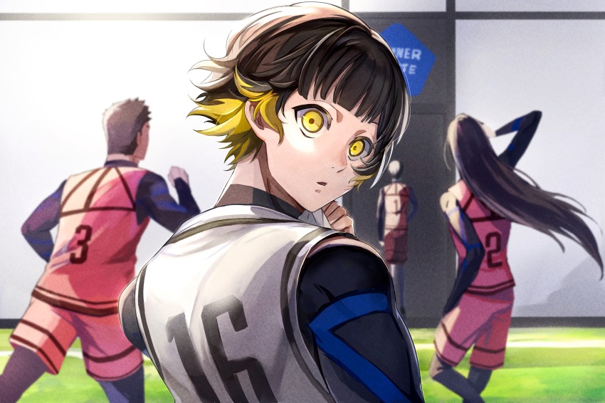 3boys, absurdres, aryu_jyubei, bachira_meguru, black_hair, blue_lock, blunt_bangs, bodysuit