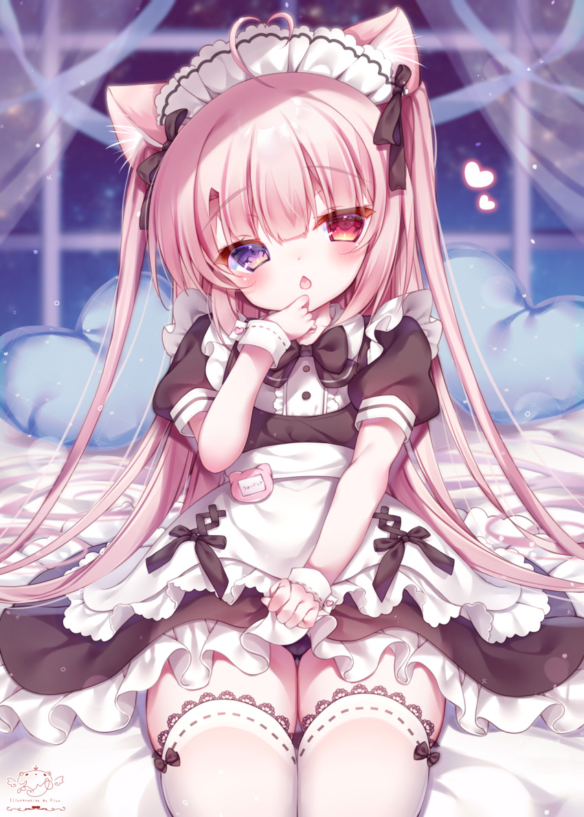 1girl, ahoge, animal_ear_fluff, animal_ears, apron, black_bow, black_dress, black_panties