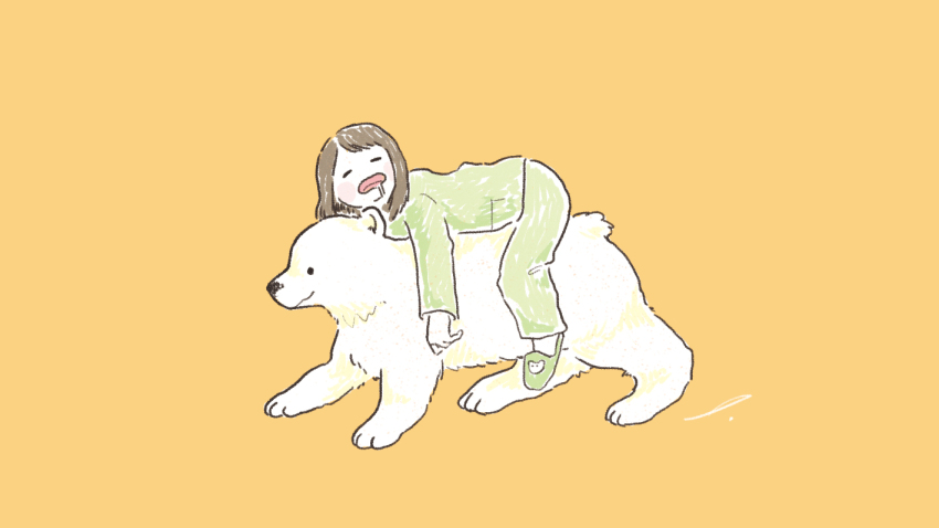 1girl, animal_focus, bear, blush_stickers, brown_hair, closed_eyes, drooling, facing_viewer, full_body, green_slippers, long_sleeves, lying, medium_hair, on_stomach, open_mouth, original, pajamas, polar_bear, riding, riding_animal, signature, simple_background, sleeping, slippers, solo, terao_(omelettera), yellow_background