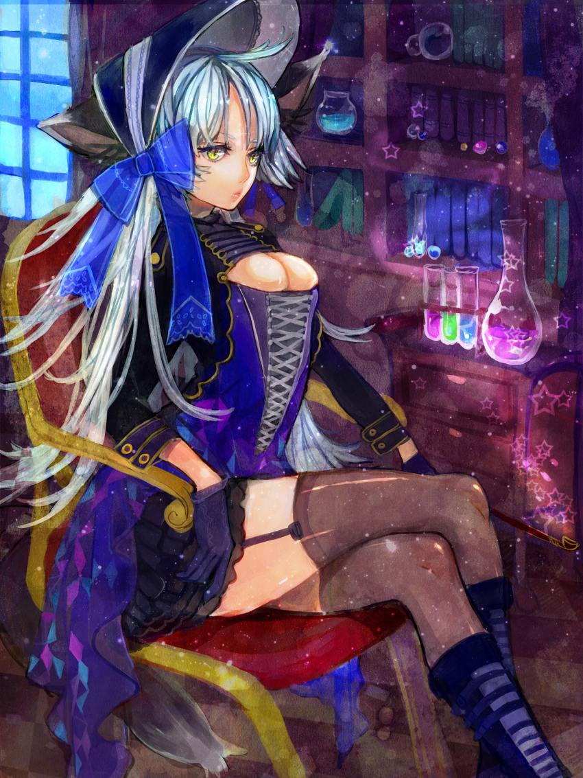 1girl, book, bookshelf, boots, bow, breasts, bubble, chair, cleavage, cleavage_cutout, clothing_cutout, corset, crossed_legs, fantasy, female_focus, flask, garter_belt, garter_straps, gloves, hat, highres, knee_boots, lips, long_hair, original, silver_hair, sitting, solo, soono_(rlagpfl), star_(symbol), test_tube, thighhighs, very_long_hair, window, yellow_eyes