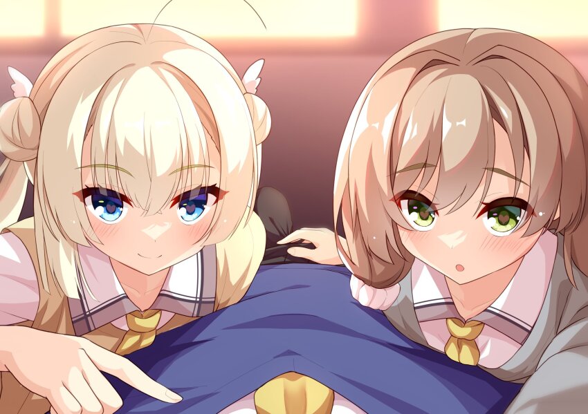 1boy, 2girls, ahoge, assertive_female, blonde_hair, blue_eyes, blue_sweater_vest, blurry