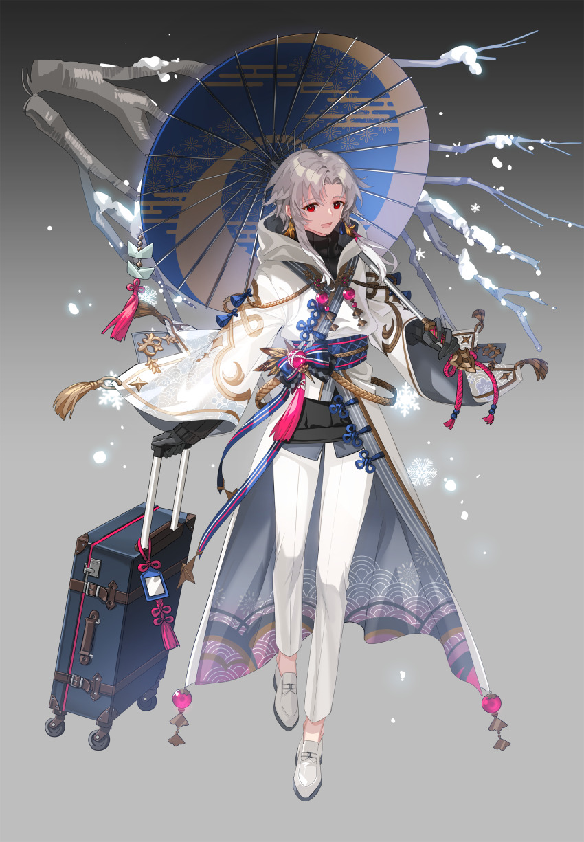 1boy, :d, absurdres, alternate_costume, black_gloves, black_sweater, blue_bow, blue_sash