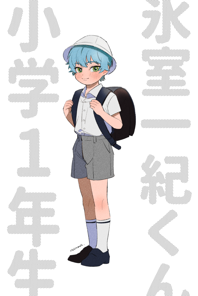 1boy, aged_down, aqua_hair, artist_name, backpack, bag, black_shoes, blue_hair