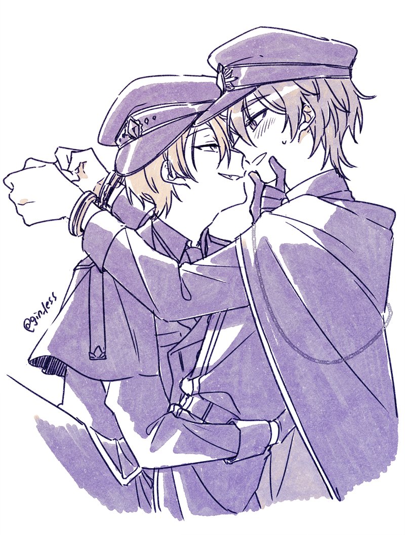 2boys, ark_kan, bishounen, black_gloves, black_headwear, brown_eyes, brown_hair, cuffs