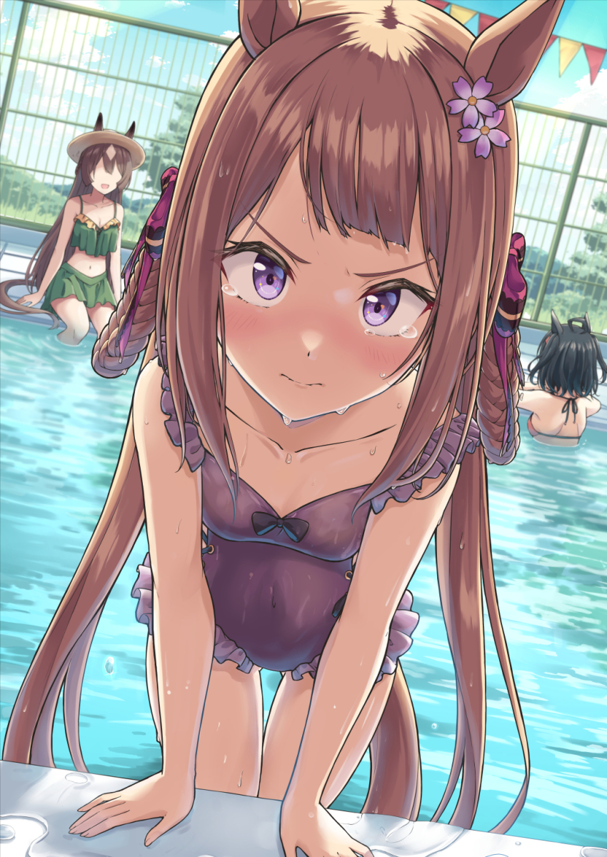 3girls, ahoge, animal_ears, bikini, blush, brown_hair, closed_mouth, collarbone, day, flower, green_bikini, hair_flower, hair_ornament, hair_rings, highres, horse_ears, horse_girl, horse_tail, kitasan_black_(umamusume), long_hair, looking_at_viewer, multiple_girls, murasaki_himuro, one-piece_swimsuit, outdoors, pink_flower, pool, purple_eyes, purple_one-piece_swimsuit, satono_diamond_(umamusume), sweep_tosho_(it's_all_mine!)_(umamusume), sweep_tosho_(monopolizing_the_chill?)_(umamusume), sweep_tosho_(umamusume), swimsuit, tail, tears, twintails, umamusume, water, wet