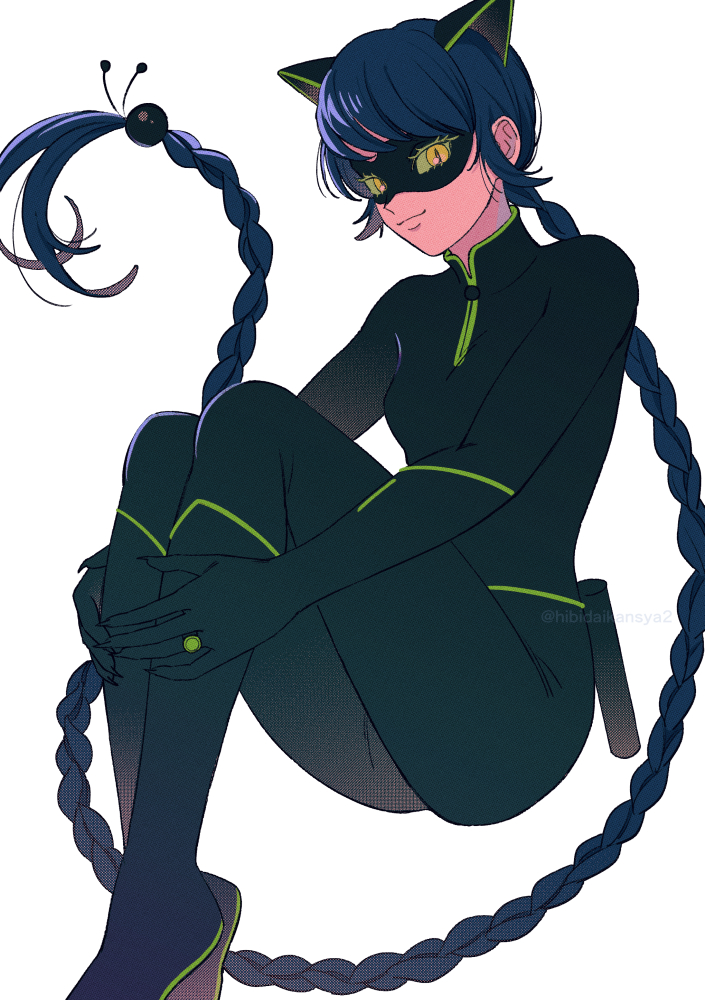 1girl, animal_ears, black_bodysuit, black_boots, blue_hair, bodysuit, boots, braid, braided_ponytail, breasts, cat_ears, chat_noir, closed_mouth, colored_sclera, eye_mask, eyelashes, fake_animal_ears, feet_out_of_frame, fingernails, floating_hair, green_sclera, hibidaikansya2, hugging_own_legs, invisible_chair, jewelry, knee_boots, knees_up, long_hair, looking_at_viewer, marinette_dupain-cheng, mask, medium_breasts, miraculous_ladybug, ring, sharp_fingernails, sidelocks, simple_background, single_braid, sitting, slit_pupils, small_breasts, smile, solo, twitter_username, very_long_hair, white_background, yellow_eyes