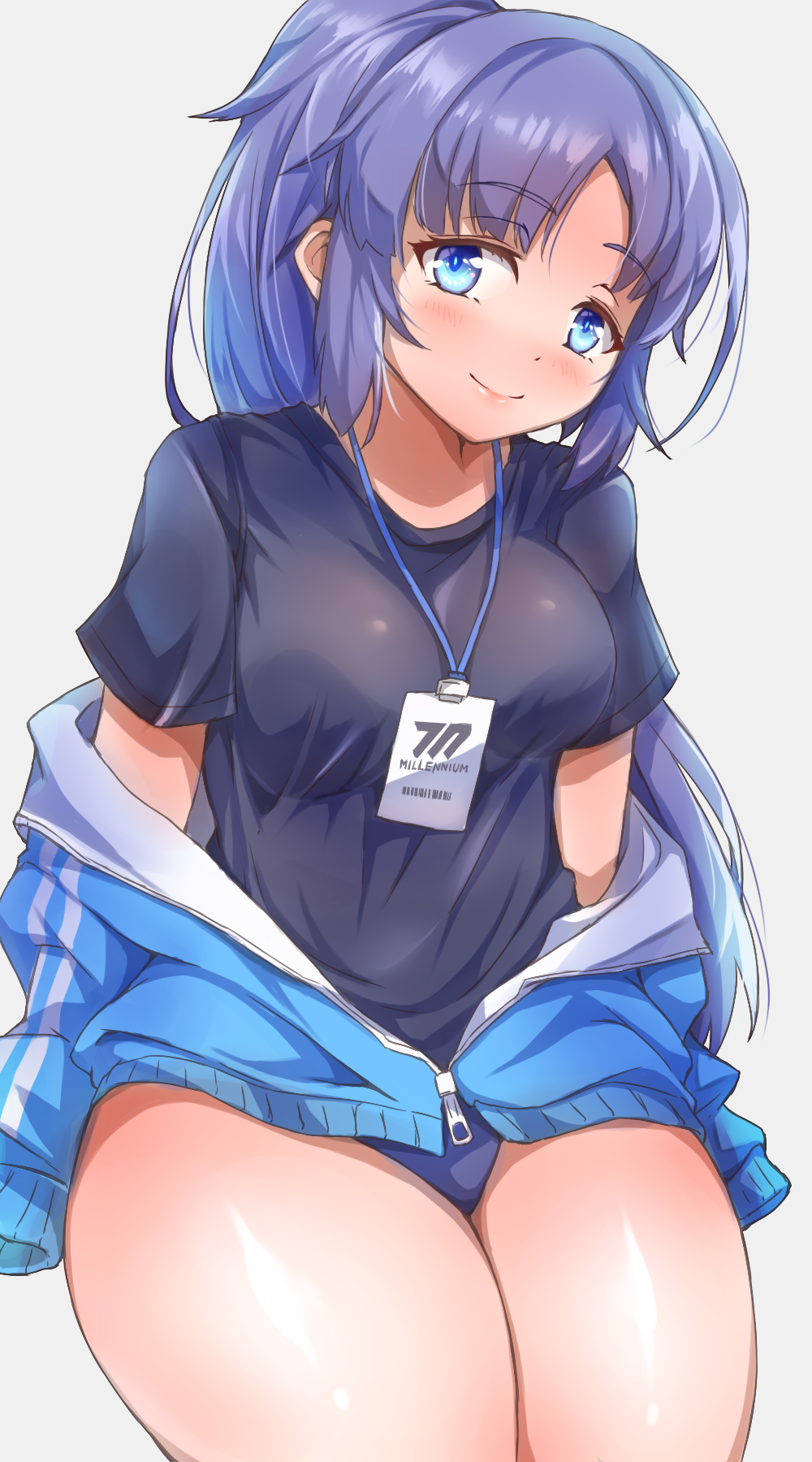 1girl, black_shirt, blue_archive, blue_buruma, blue_eyes, blue_jacket, blush, buruma