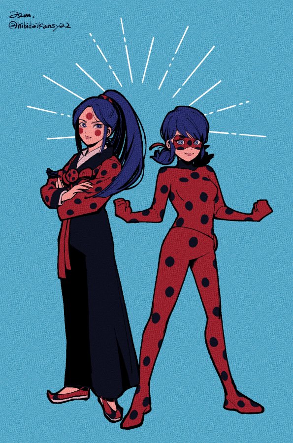 2girls, black_pants, blue_background, bodysuit, breasts, closed_mouth, crossed_arms, eye_mask, facepaint, facial_mark, full_body, hibidaikansya2, korean_clothes, ladybug_(miraculous_ladybug), legs_apart, long_hair, long_sleeves, looking_at_viewer, low_twintails, marinette_dupain-cheng, mask, miraculous_ladybug, mudangbeolle, multiple_girls, pants, parted_hair, polka_dot, ponytail, red_bodysuit, red_footwear, shoes, sidelocks, simple_background, small_breasts, smile, standing, twintails