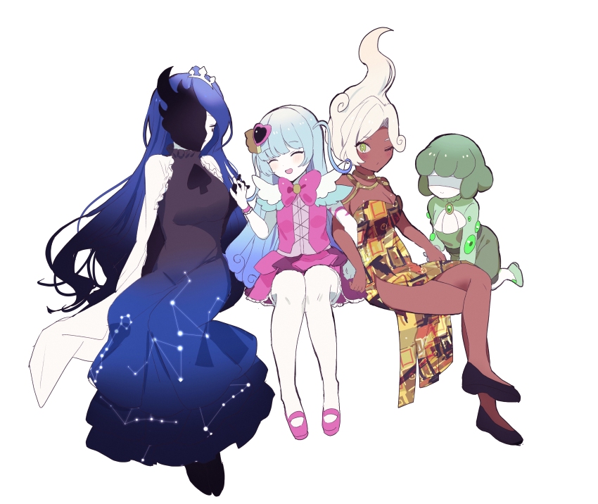 4girls, absurdres, arm_tattoo, ascot, bare_shoulders, black_dress, black_footwear, black_gloves