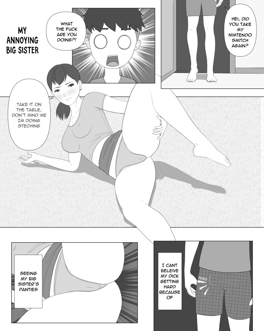 1boy, 1girl, absurdres, age_difference, artist_request, asymmetrical_hair, breasts, brother_and_sister, bulge, cleavage, earrings, english_text, erection, erection_under_clothes, hetero, highres, incest, jewelry, long_hair, medium_breasts, monochrome, o_o, onee-chan, original, panties, ponytail, self-upload, shadow, short_hair, short_sleeves, sibling, siblings, sidecut, sisters, skirt, smile, speech_bubble, undercut, underwear, yoga