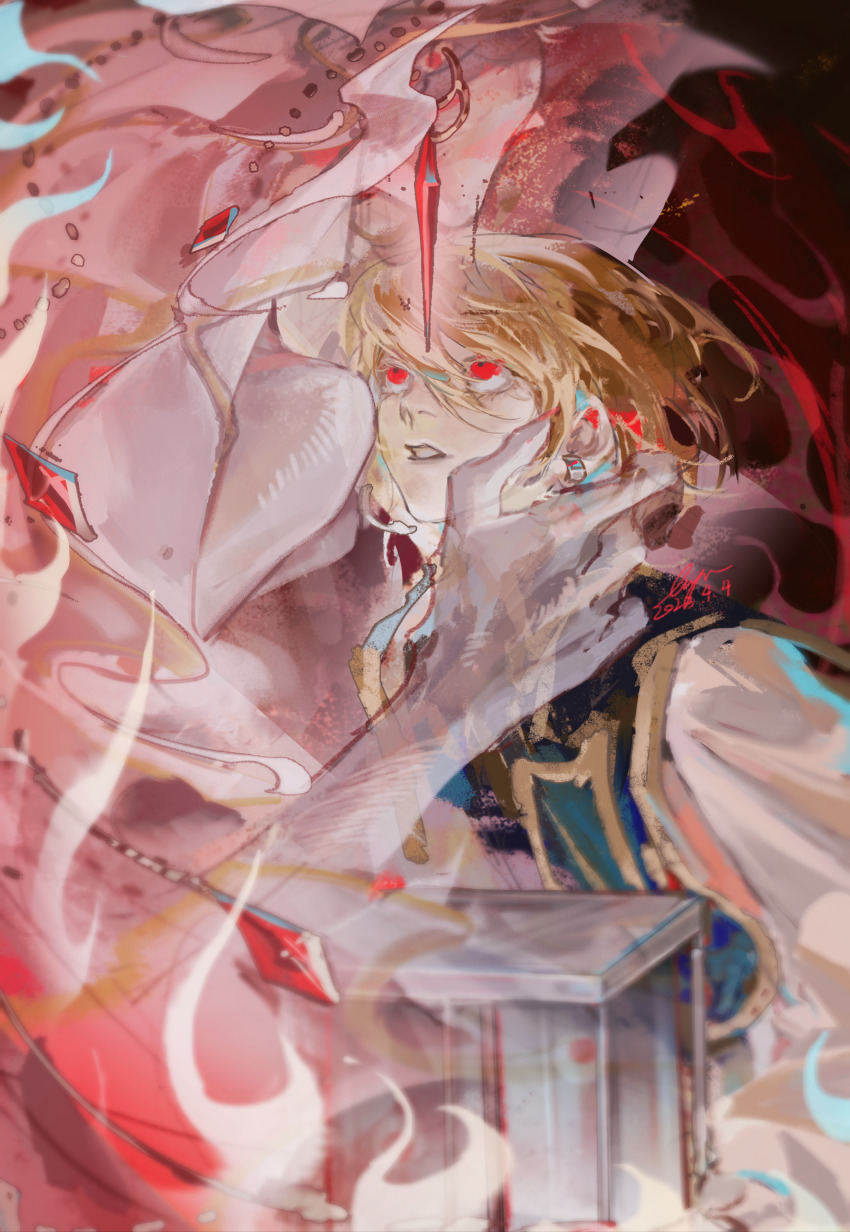 1boy, 1girl, absurdres, blonde_hair, character_request, commentary, earrings, english_commentary