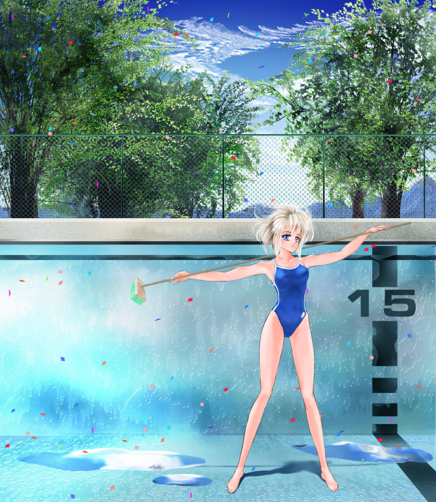 1girl, blonde_hair, blue_eyes, broom, chain-link_fence, cleaning_brush, confetti, empty_pool