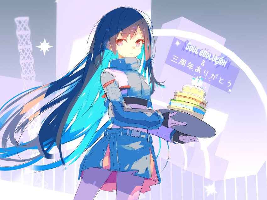 1girl, anniversary, belt, blue_hair, blue_jacket, blue_skirt, cake, closed_mouth