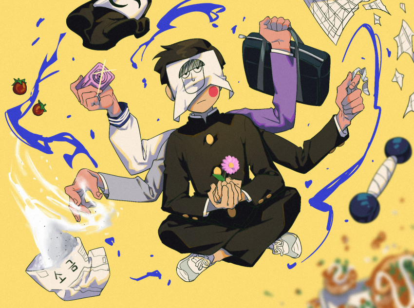 1boy, 1didi11di, academic_test, bag, black_hair, blunt_bangs, blurry, blush_stickers, camera, character_print, cherry_tomato, covered_eyes, depth_of_field, drawing_(object), dumbbell, dutch_angle, ekubo_(mob_psycho_100), extra_arms, facing_viewer, floating, flower, food, frown, full_body, fusion, gakuran, glint, grey_sleeves, hanazawa_teruki, hands_up, highres, holding, holding_bag, holding_camera, holding_flower, holding_spoon, indian_style, kageyama_ritsu, kageyama_shigeo, long_sleeves, male_focus, mask, mask_lift, mezato_ichi, mob_psycho_100, outstretched_arms, own_hands_together, paint, paper, psycho_helmet, purple_sleeves, reigen_arataka, salt, school_bag, school_uniform, shoes, short_hair, sitting, sneakers, solo, spoon, spoon_bending, throwing, throwing_salt, tomato, torn_paper, unworn_mask, yellow_background