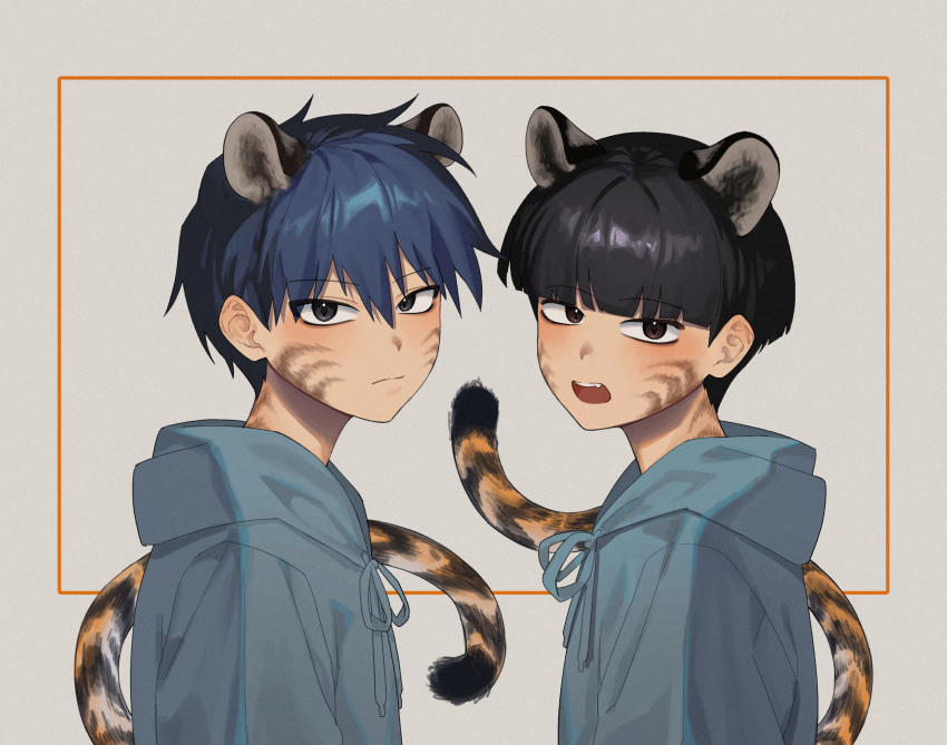 1didi11di, 2boys, absurdres, animal_ears, black_eyes, black_hair, blue_hoodie, blunt_bangs