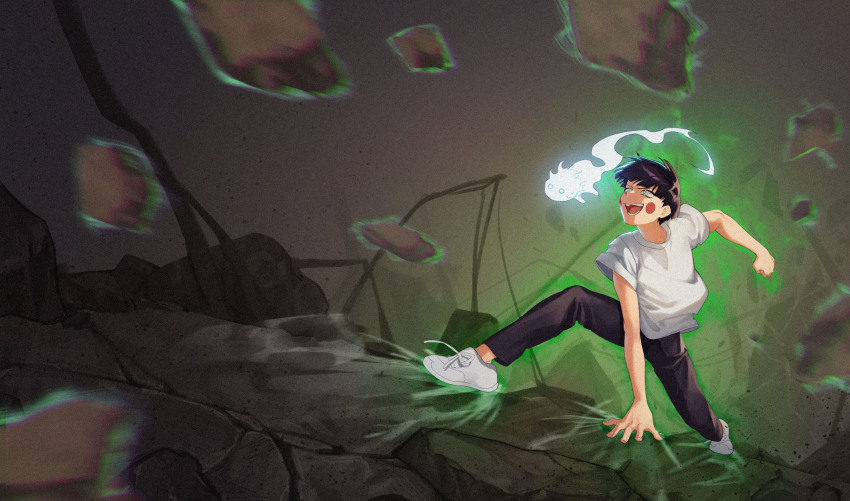 1boy, 1didi11di, absurdres, arm_support, aura, bare_arms, battle, black_hair