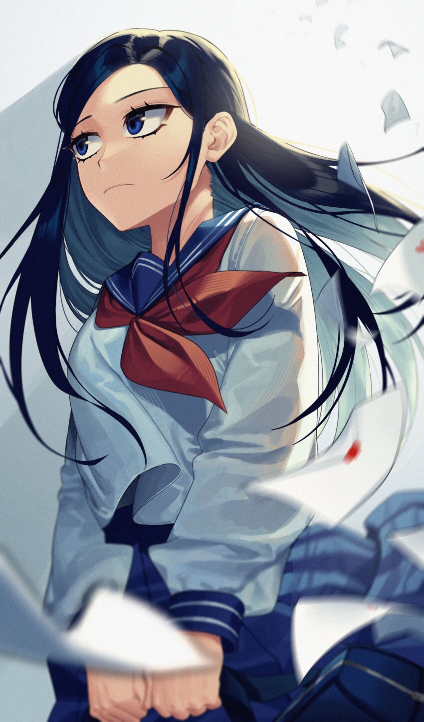 1didi11di, 1girl, absurdres, backlighting, black_hair, blue_eyes, blue_hair, blue_skirt, closed_mouth, floating, floating_clothes, floating_hair, floating_object, from_below, from_side, frown, highres, letter, long_hair, long_sleeves, love_letter, mob_psycho_100, motion_blur, neckerchief, own_hands_together, pleated_skirt, red_neckerchief, school_uniform, serafuku, sideways_glance, skirt, solo, straight_hair, swept_bangs, takane_tsubomi, white_background, wind