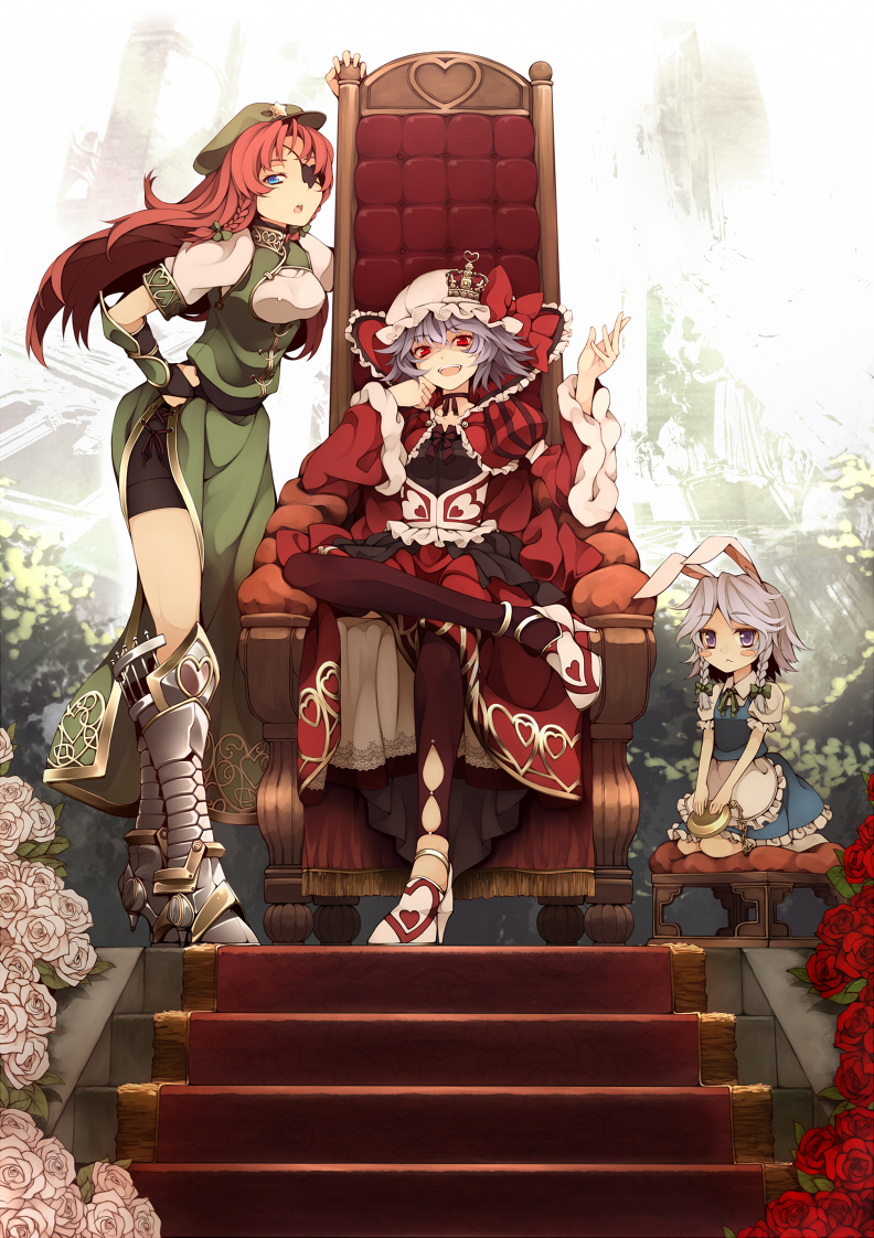 3girls, :<, adapted_costume, alice's_adventures_in_wonderland, alternate_costume, animal_ears, armor, armored_dress, bike_shorts, blue_eyes, blush_stickers, boots, braid, breasts, bridal_gauntlets, china_dress, chinese_clothes, crown, dress, eyepatch, fang, female_focus, flower, greaves, grey_hair, hat, heart, high_heels, hong_meiling, izayoi_sakuya, kemonomimi_mode, long_hair, maid, multiple_girls, on_throne, open_mouth, pink_flower, pink_rose, pocket_watch, purple_eyes, queen_of_hearts_(alice_in_wonderland), rabbit_ears, red_eyes, red_flower, red_hair, red_rose, remilia_scarlet, rose, shoes, short_sleeves, side_slit, star_(symbol), throne, touhou, twin_braids, uruu_gekka, watch