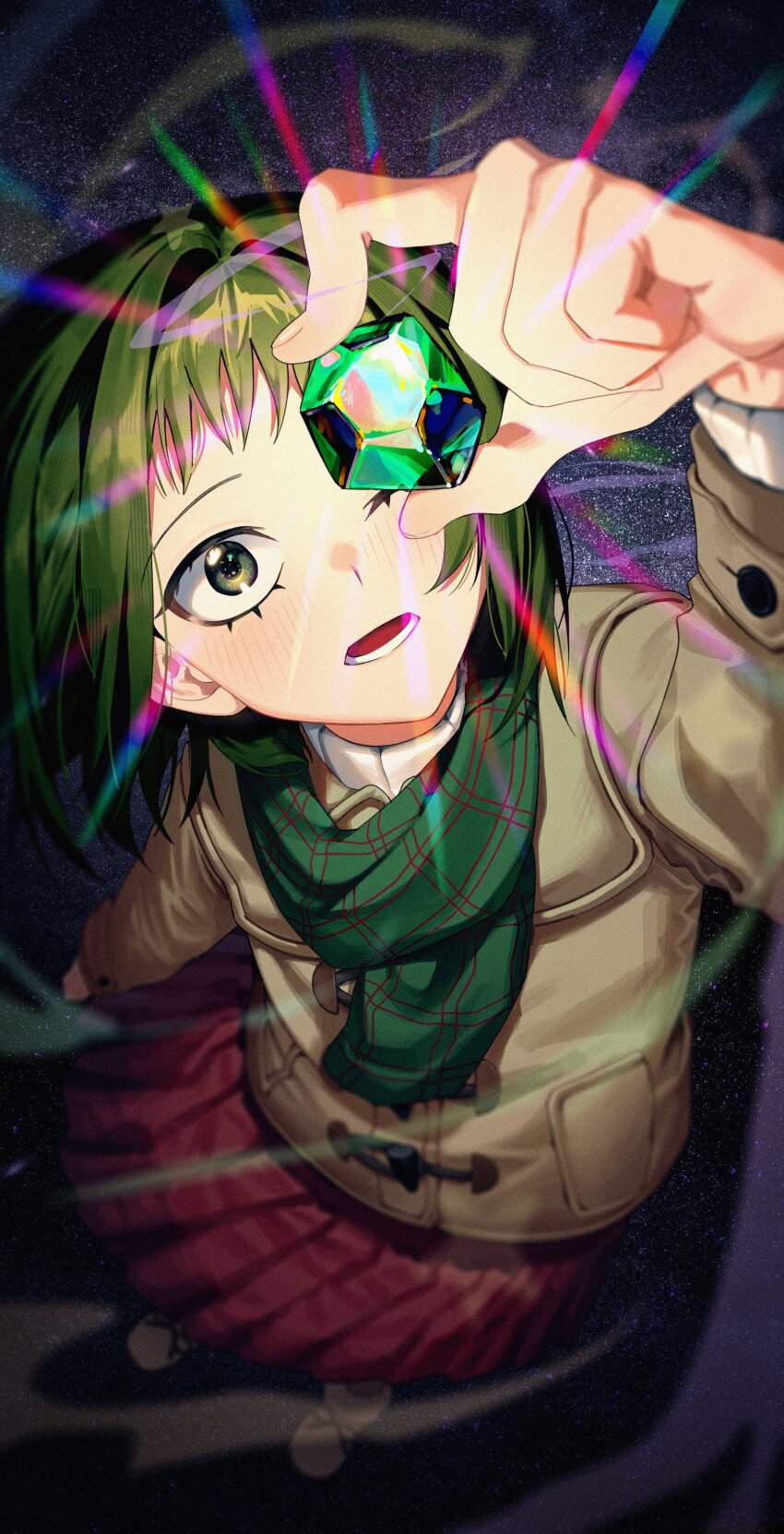 1didi11di, 1girl, absurdres, brown_coat, coat, crystal, from_above, gem, green_eyes, green_gem, green_scarf, grey_hair, highres, holding, holding_crystal, kurata_tome, long_sleeves, looking_at_object, looking_at_viewer, looking_up, mob_psycho_100, night, one_eye_covered, parted_lips, pleated_skirt, red_skirt, scarf, shoes, short_hair, skirt, smoke, solo, sparkle, standing, surprised, sweater, toggles, turtleneck, winter_clothes