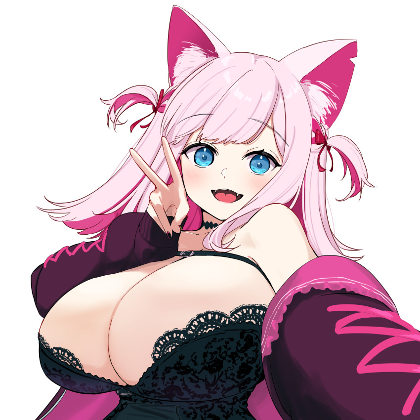 1girl, :d, animal_ear_fluff, animal_ears, black_choker, black_dress, blue_eyes, bow