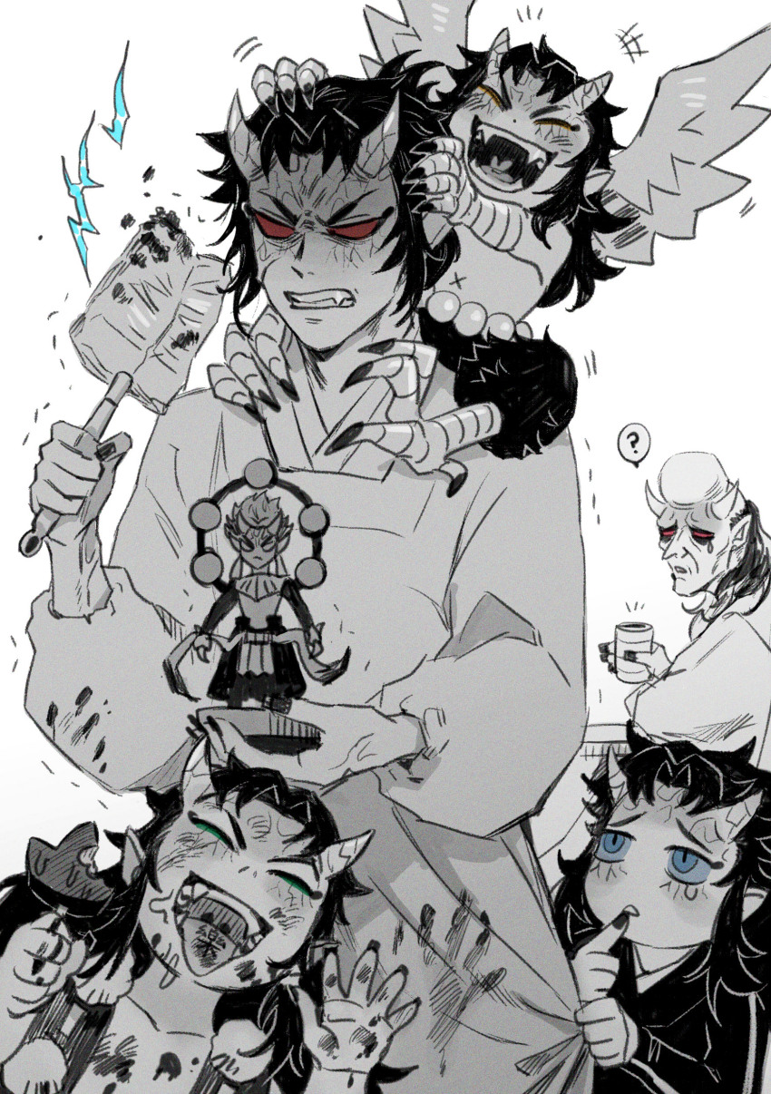 5boys, ?, absurdres, aizetsu_(kimetsu_no_yaiba), anger_vein, angry, apron, bald
