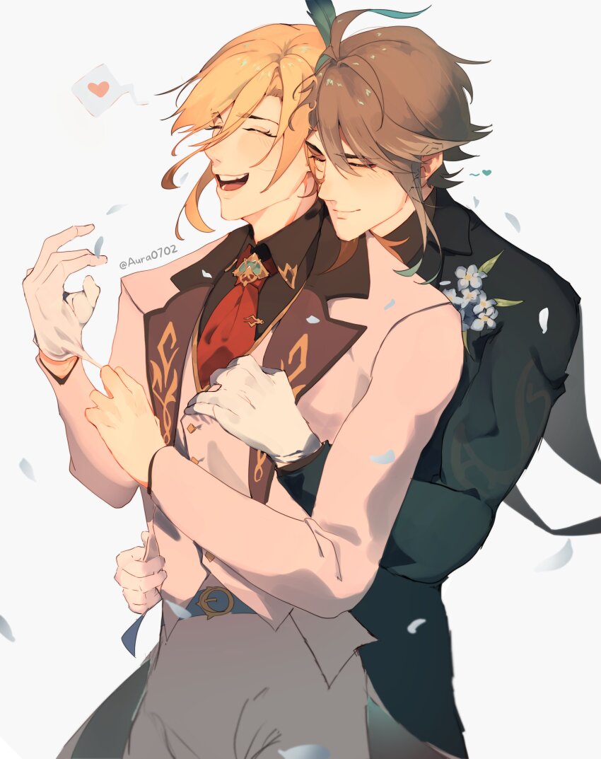 2boys, absurdres, ahoge, alhaitham_(genshin_impact), alternate_costume, aura0702, belt, black_shirt, blonde_hair, closed_eyes, closed_mouth, commentary, couple, english_commentary, flower, genshin_impact, gloves, grey_hair, hair_between_eyes, heart, highres, hug, hug_from_behind, kaveh_(genshin_impact), kaveh_(gigo)_(genshin_impact), male_focus, multiple_boys, necktie, open_mouth, pants, red_necktie, shirt, short_hair, simple_background, smile, standing, teeth, tuxedo, upper_body, upper_teeth_only, white_background, white_gloves, white_pants, white_sleeves, yaoi