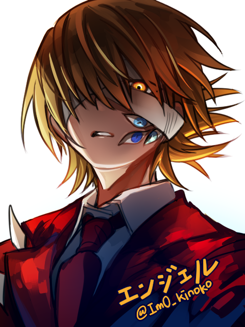 1boy, bandage_over_one_eye, blonde_hair, blue_eyes, borrowed_character, collared_shirt, commentary_request, e.g.o_(project_moon), employee_(project_moon), extra_eyes, jacket, lobotomy_corporation, male_focus, mimicry_(e.g.o), necktie, nugget_(project_moon), portrait, project_moon, red_jacket, red_necktie, shirt, short_hair, shot_(urem), simple_background, solo, translation_request, white_background, white_shirt