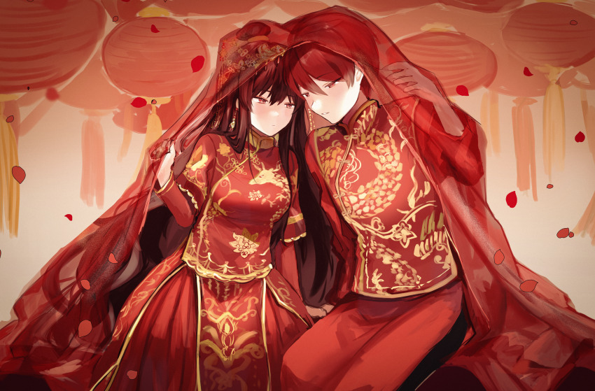1boy, 1girl, brown_hair, chinese_clothes, closed_mouth, couple, dragon_print, dress